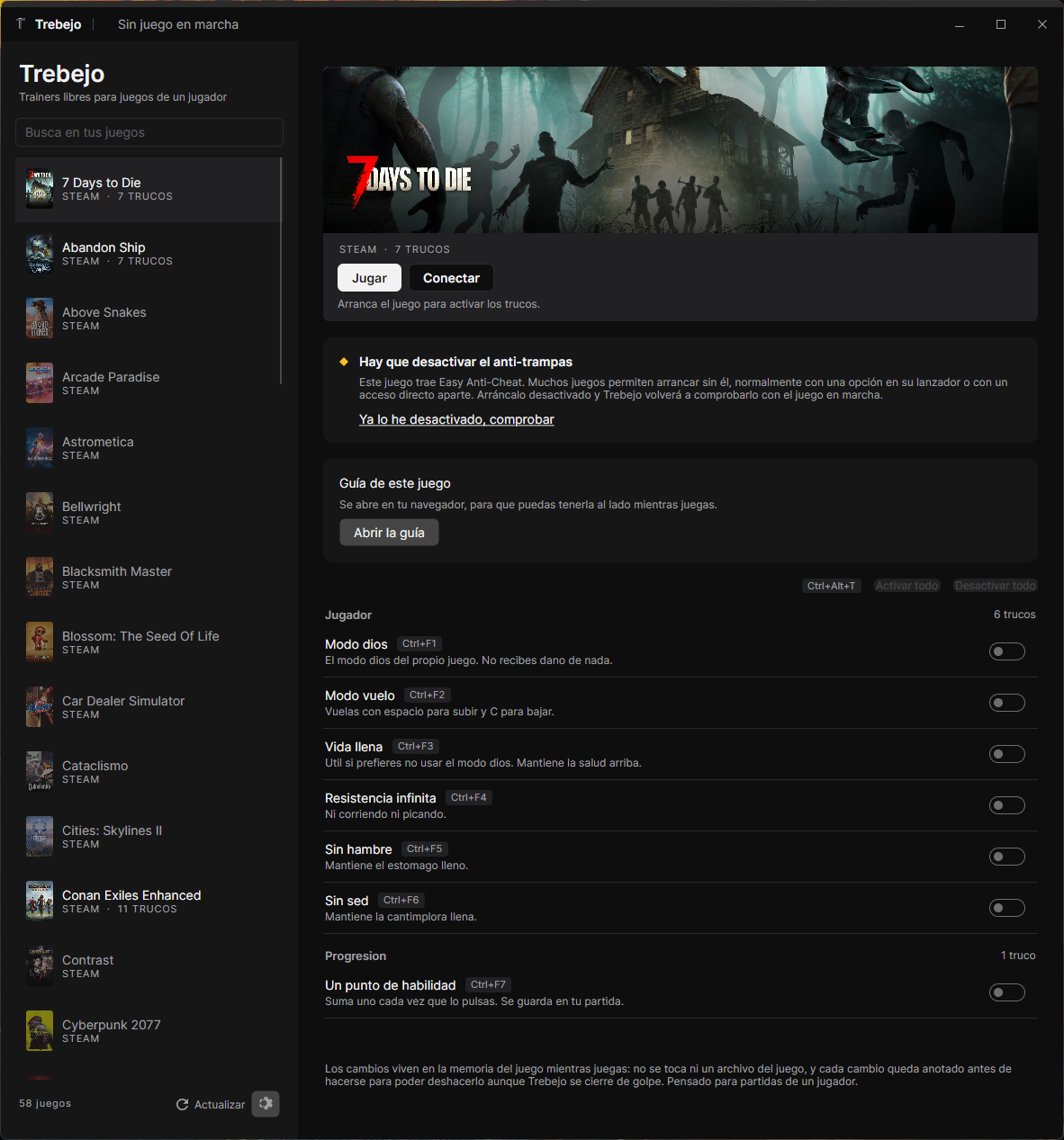 La ventana de Trebejo: a la izquierda la lista de juegos instalados, a la derecha los trucos de 7 Days to Die con sus interruptores y atajos de teclado.